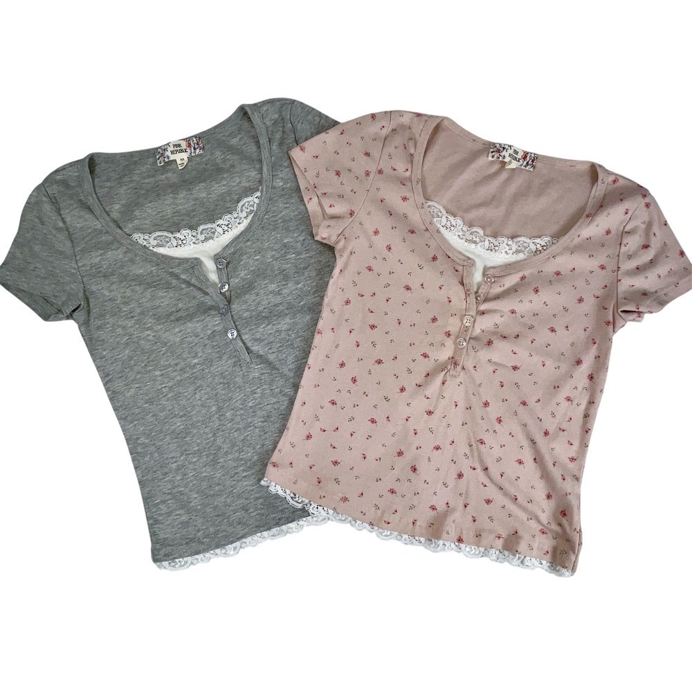 Pink Republic Tops Girls 14/16 2-Pack Lace Henley Floral Gray Pink Cottagecore